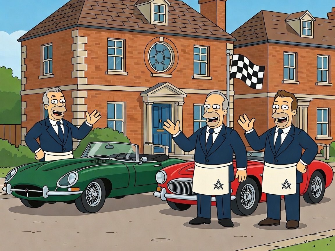 Square Wheels brethren with classic cars at Alderson House